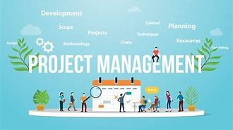 Illustration of a project management team collaborating with keywords like planning and development.